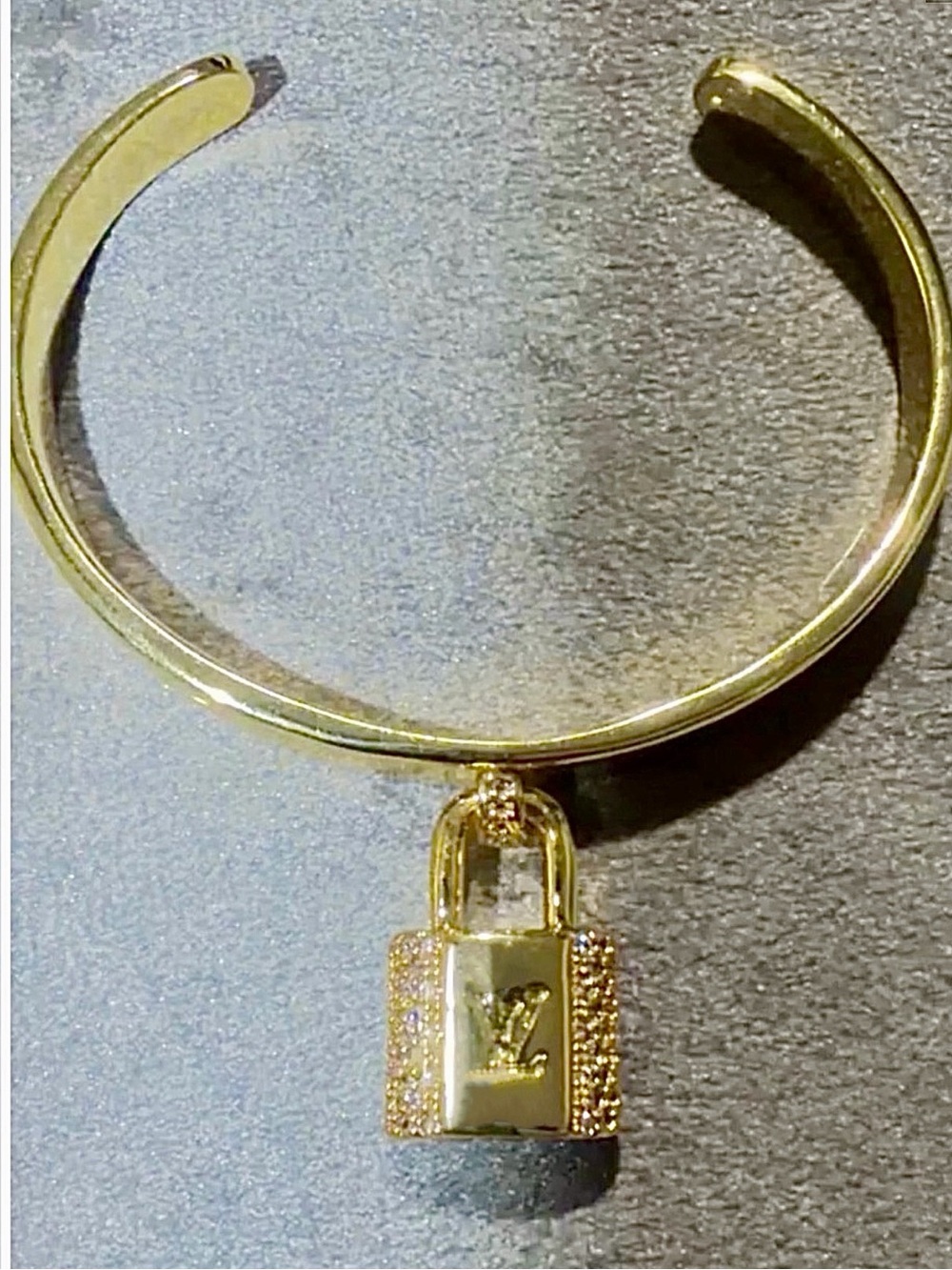 New Louis Vuitton Gold Rhinestone Cuff Bangel Bracelet Padlock Lock Charm